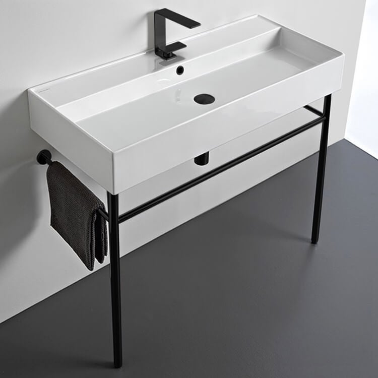 Scarabeo 8031/R-100A-CON-BLK-One Hole Large Ceramic Console Sink and Matte Black Stand